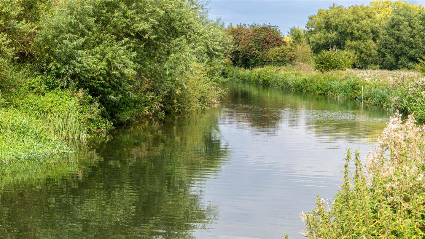 Water reflections along canal with locks and tall reeds along River Stort Hertfordshire