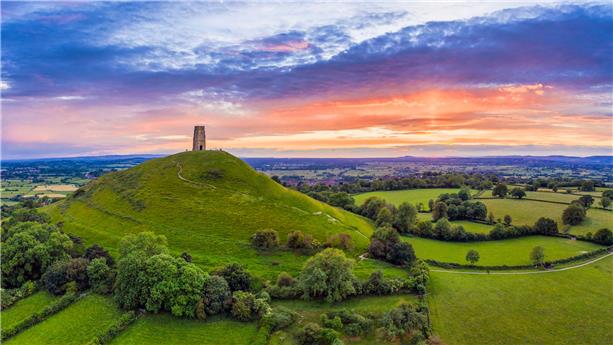 View of St. Michael's Church Tower on Glastonbury Tor, Somerset