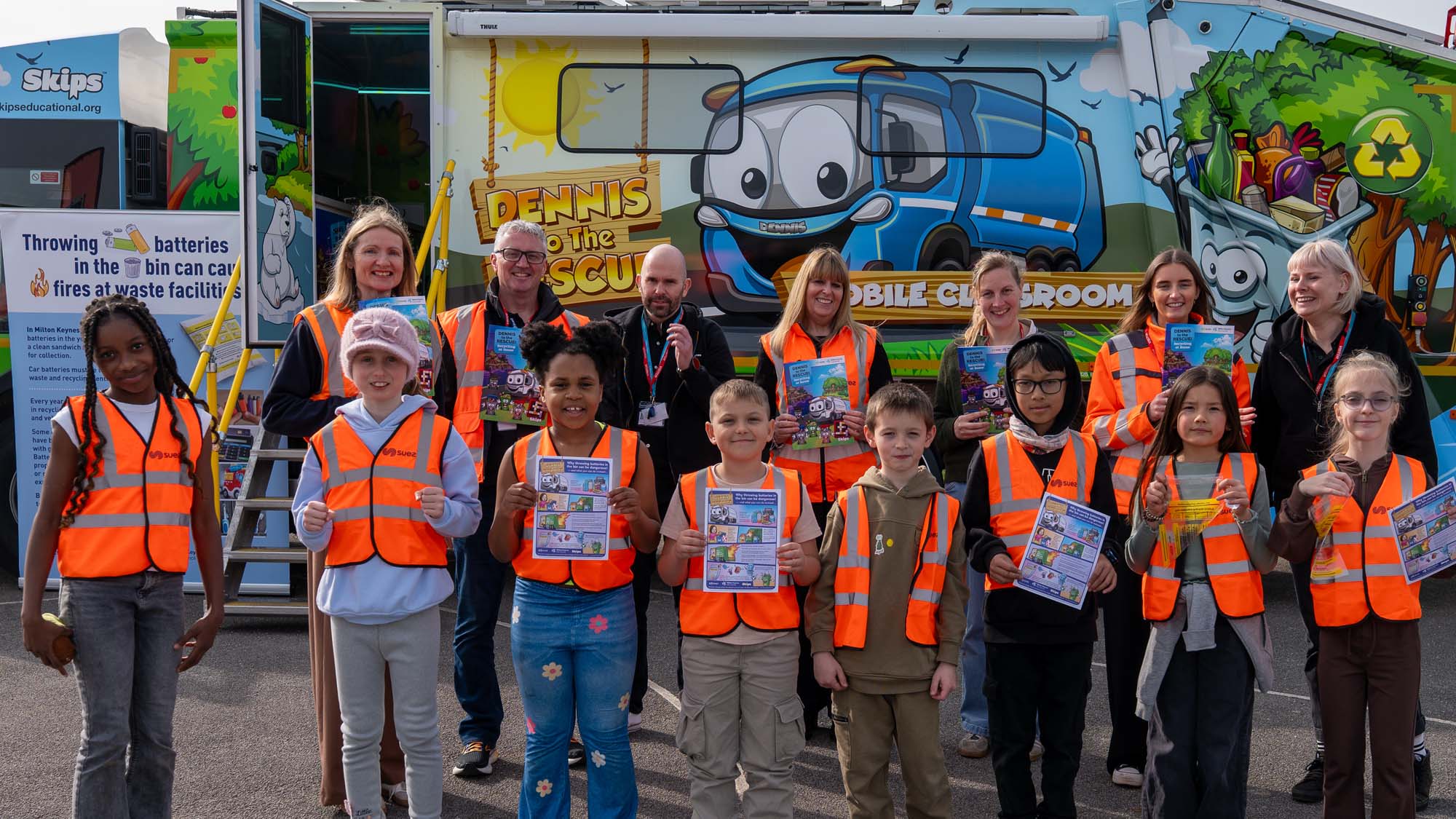 Pupils from Brooksward Primary School outside Dennis to the Rescue truck