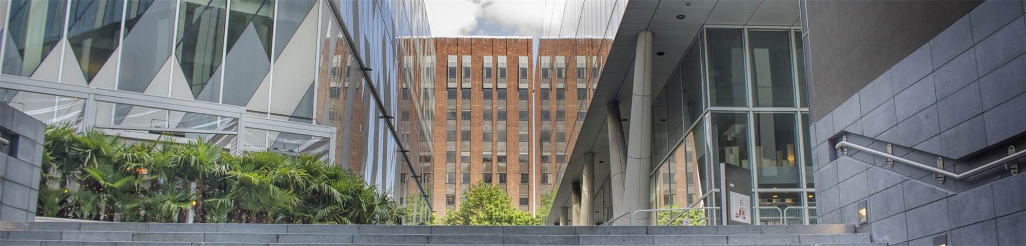 Modern business and retail area in city center.