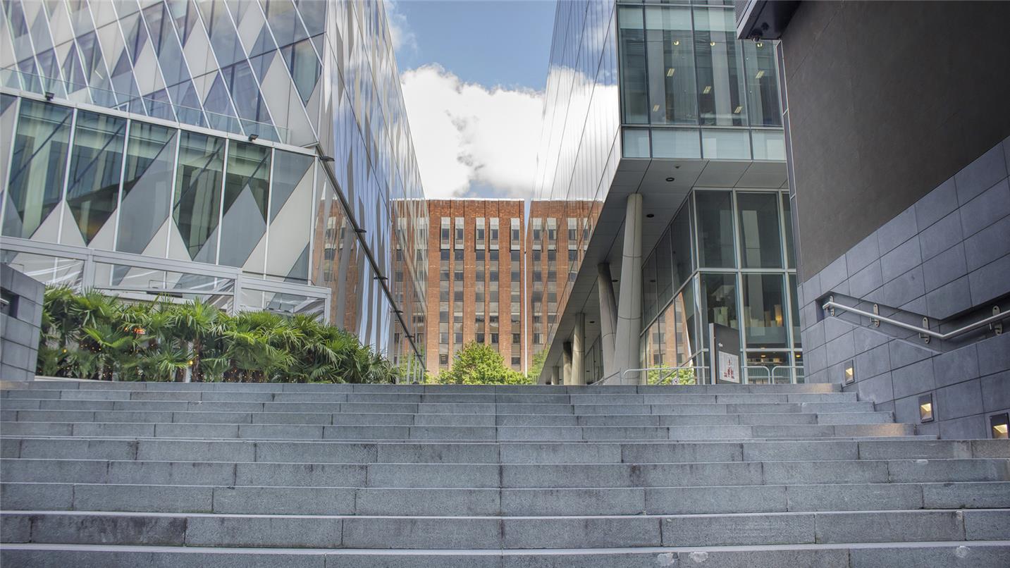 Modern business and retail area in city center. Modern office buildings