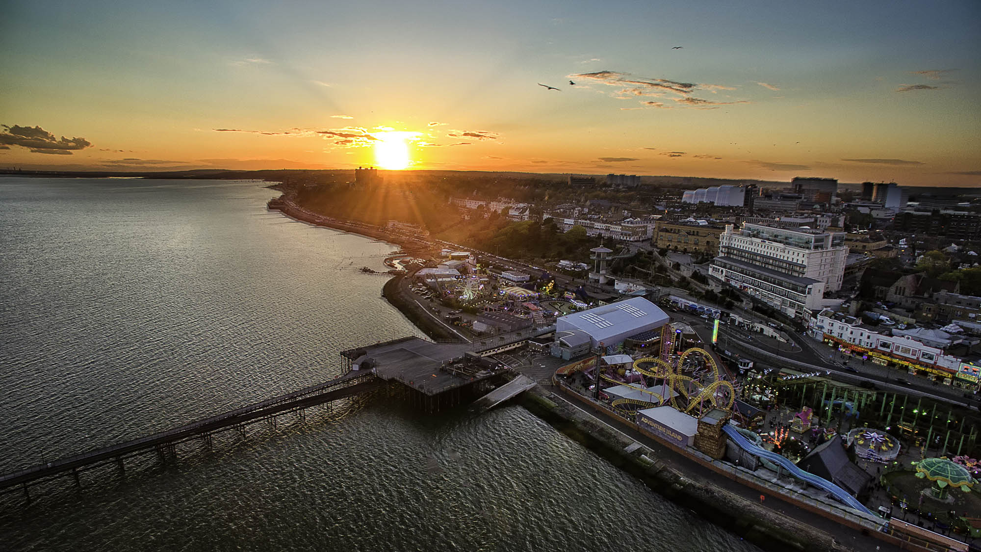Sunset scene of Southend from the air